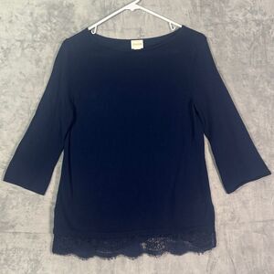 Chico’s Navy 3/4 Sleeve Crew Neck Lace Detailing Top Blouse Size 0